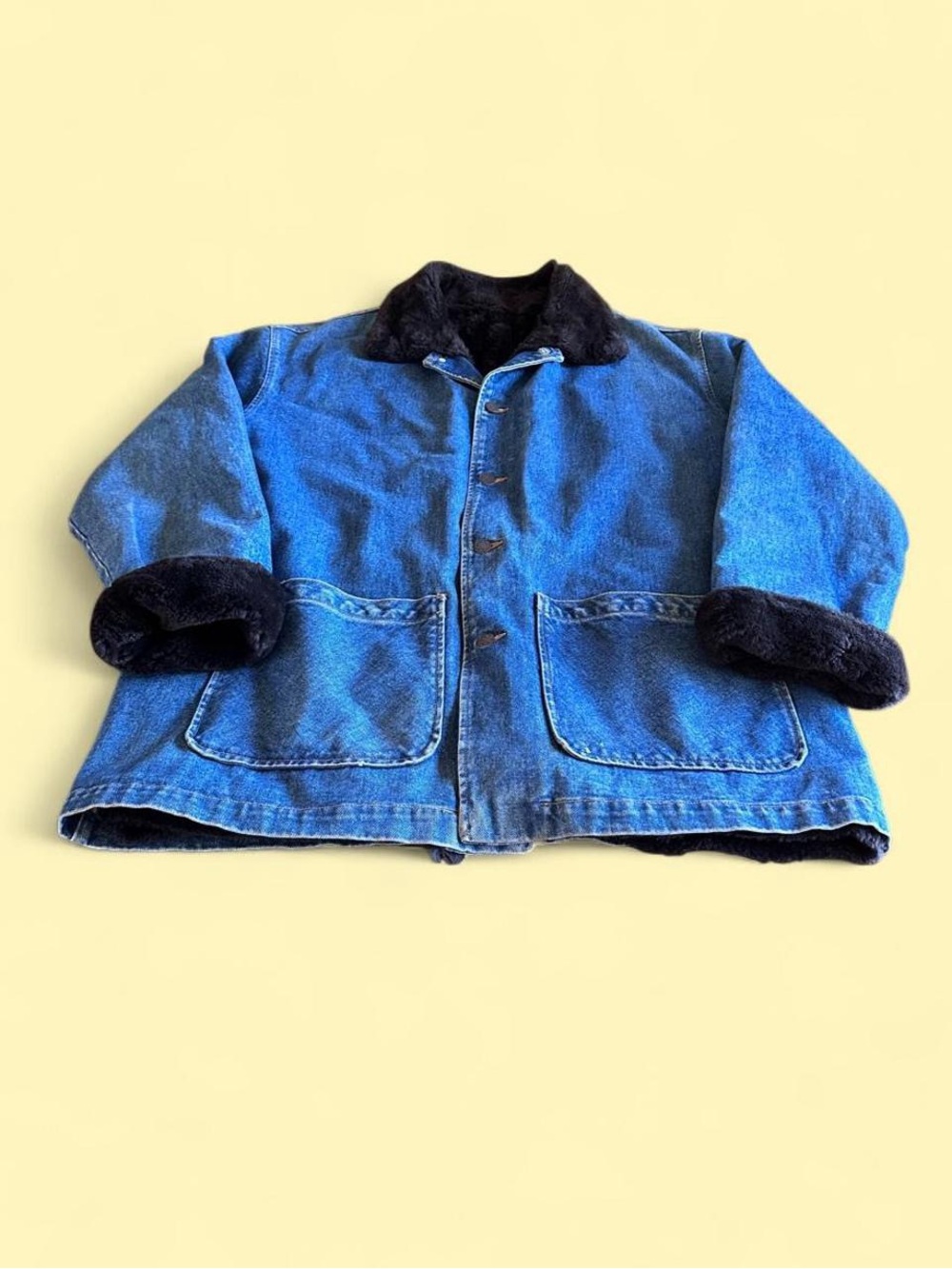 Vintage Denim Chore Jacket Faux Fur Lined Men’s Size L Made in USA Western